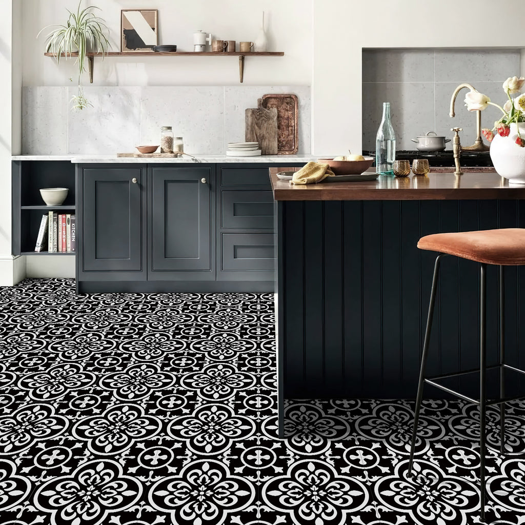 Vinyl Floor Tiles - Noir Blossom - Non-Slip Peel and Stick Flooring