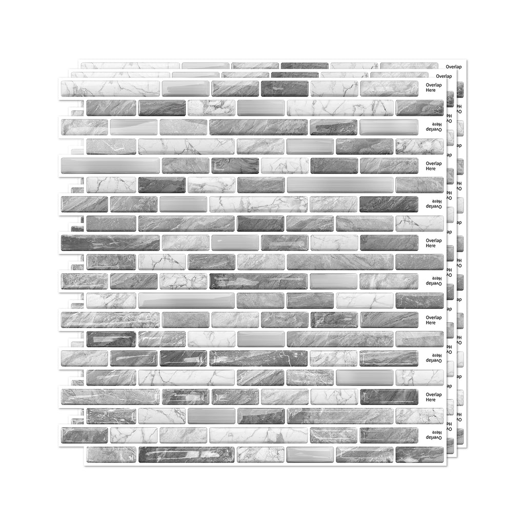 Linear Strip Mosaic Tiles - Gray & White Mix - 3D Textured Gel Stickers for Bathroom