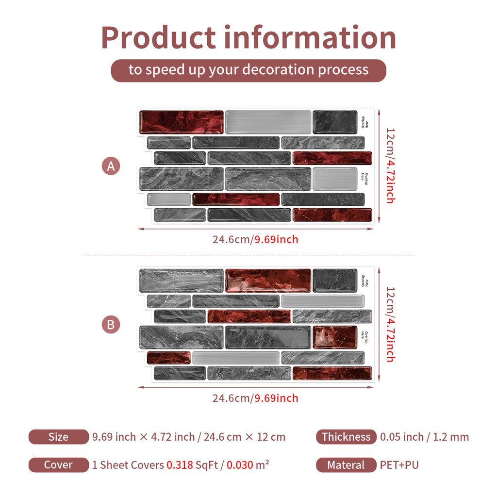 Burgundy Red Marble 3D Gel Mosaic Tiles - Heat Resistant Stick on Splashback
