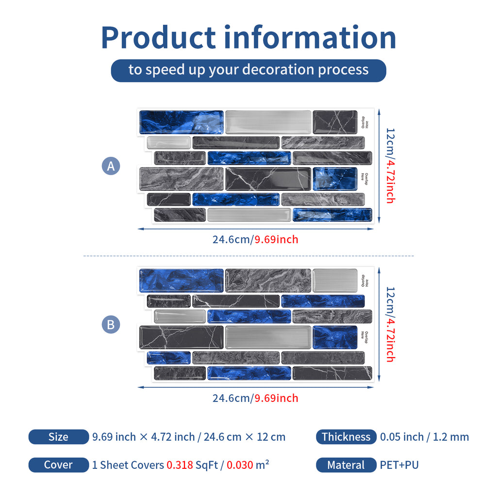 Sapphire Blue Marble 3D Gel Mosaic Tiles - Heat Resistant Stick on Splashback