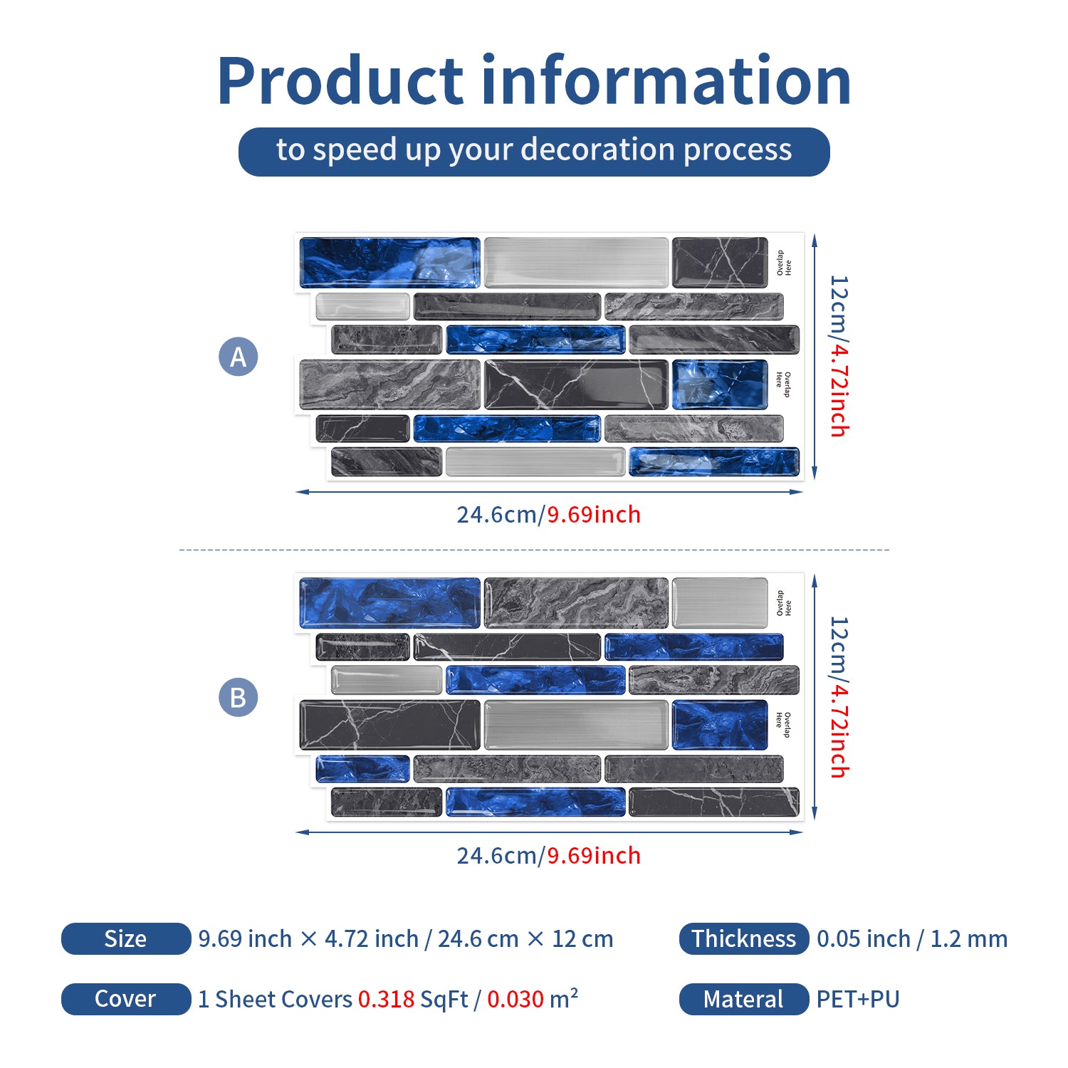 Sapphire Blue Marble 3D Gel Mosaic Tiles - Heat Resistant Stick on Splashback