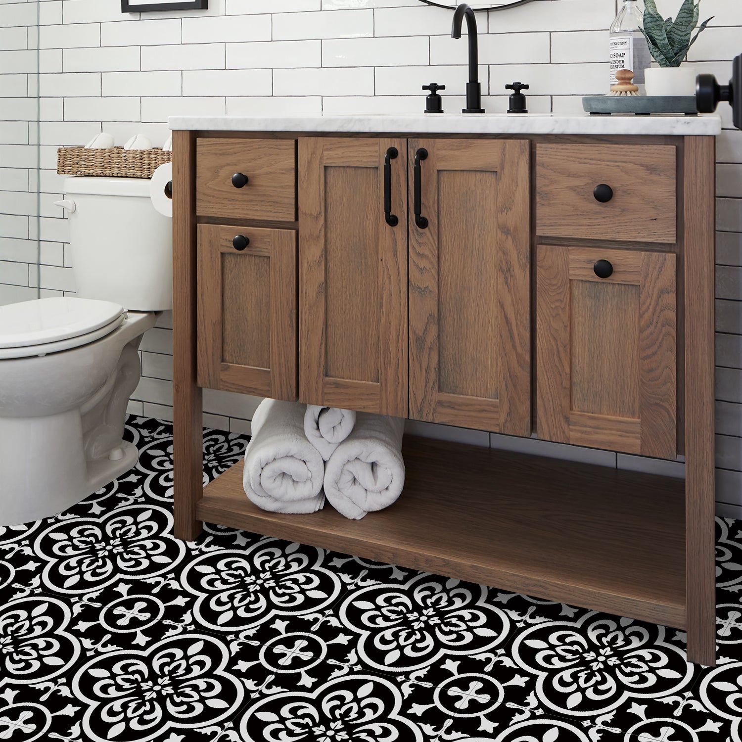 Vinyl Floor Tiles - Noir Blossom - Non-Slip Peel and Stick Flooring