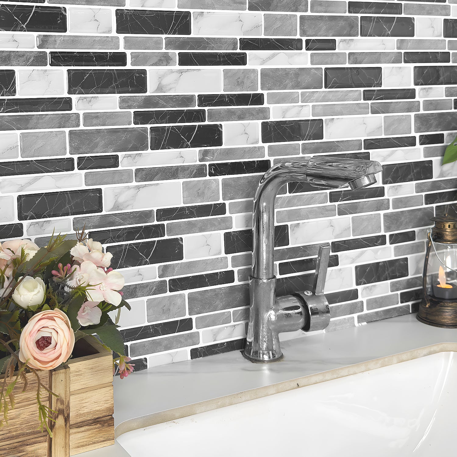 Monochrome Marble 3D Gel Mosaic Tiles - Heat Resistant Stick on Splashback