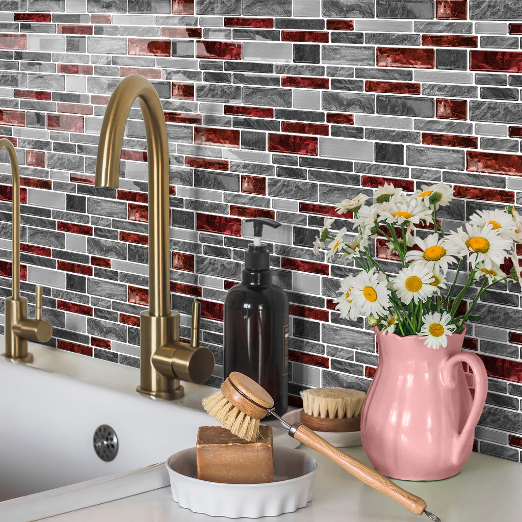 Burgundy Red Marble 3D Gel Mosaic Tiles - Heat Resistant Stick on Splashback