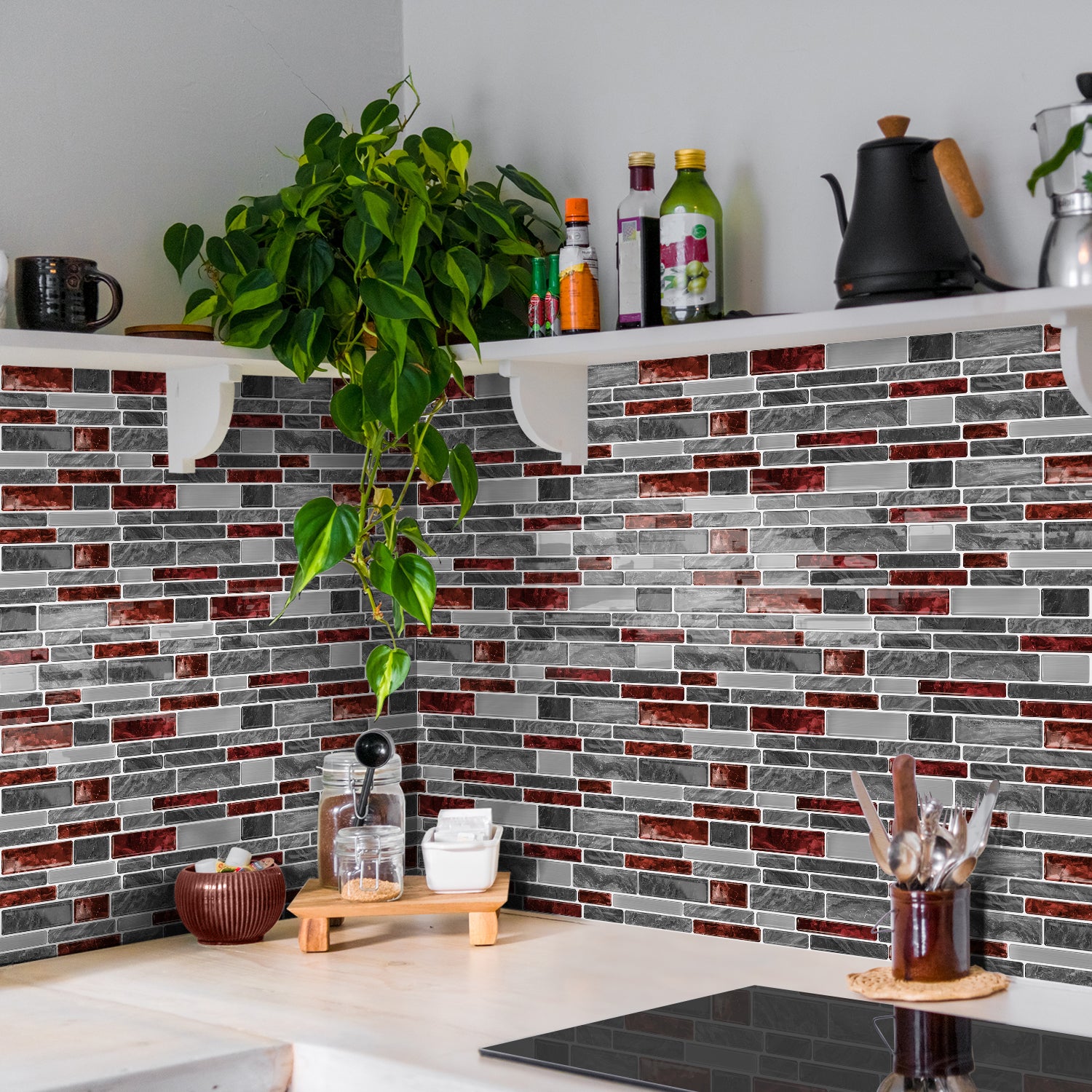 Burgundy Red Marble 3D Gel Mosaic Tiles - Heat Resistant Stick on Splashback