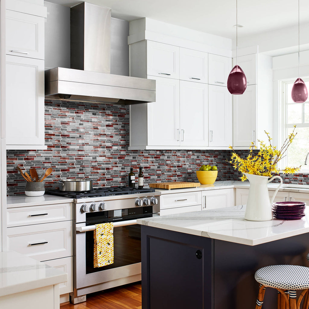 Burgundy Red Marble 3D Gel Mosaic Tiles - Heat Resistant Stick on Splashback