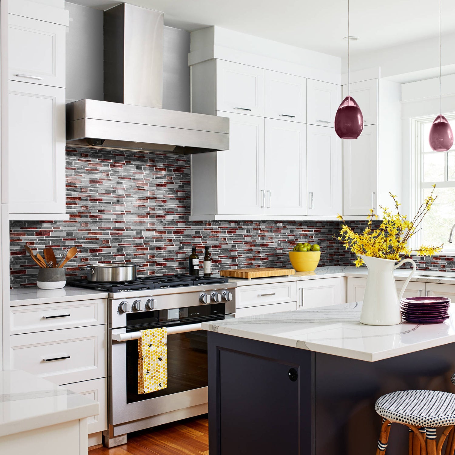 Burgundy Red Marble 3D Gel Mosaic Tiles - Heat Resistant Stick on Splashback