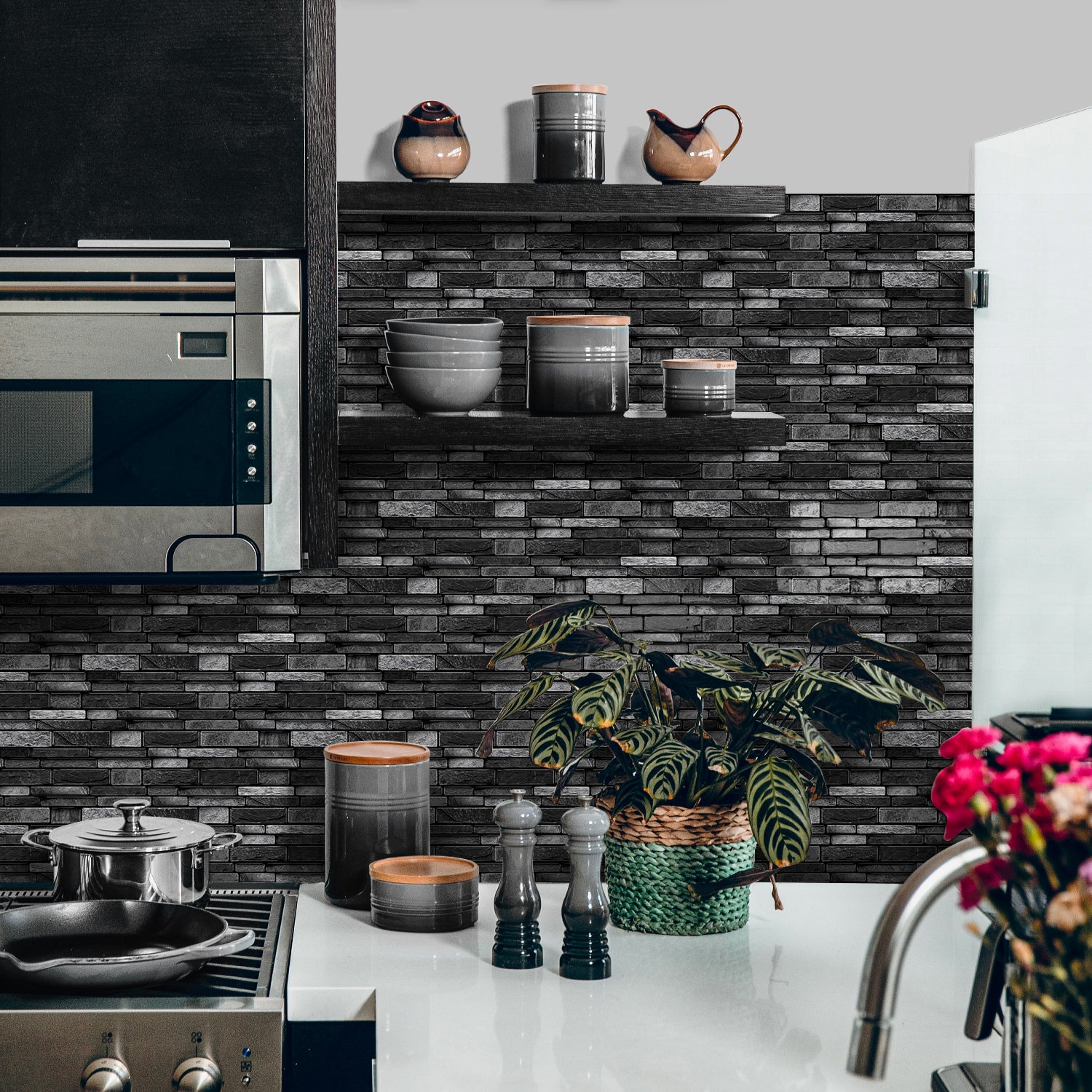 Volcanic Black Faux Stone Gel Tiles - 3D Peel and Stick Splashback
