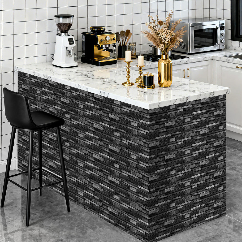 Volcanic Black Faux Stone Gel Tiles - 3D Peel and Stick Splashback