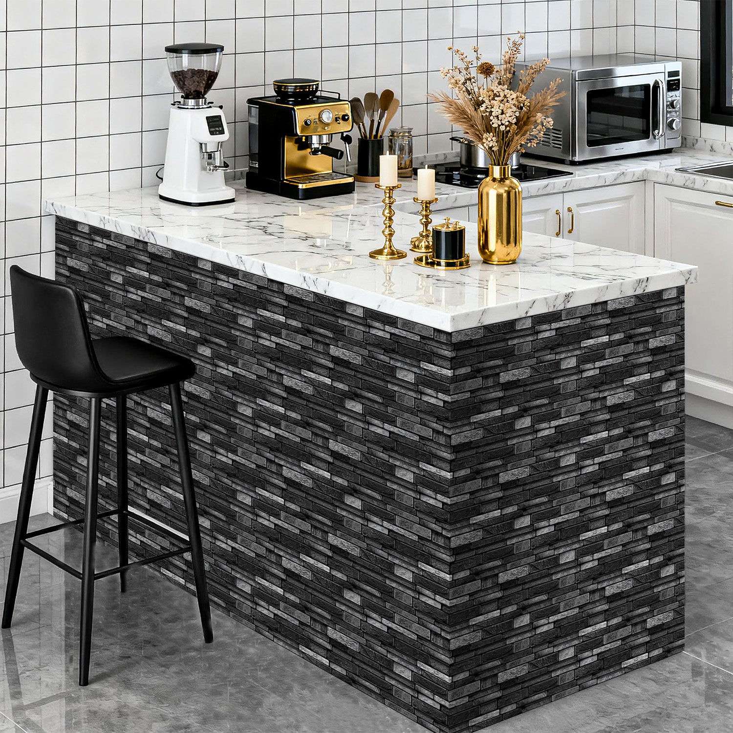 Volcanic Black Faux Stone Gel Tiles - 3D Peel and Stick Splashback