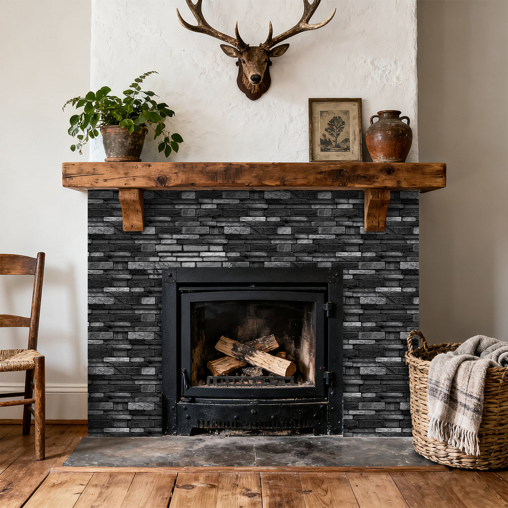 Volcanic Black Faux Stone Gel Tiles - 3D Peel and Stick Splashback