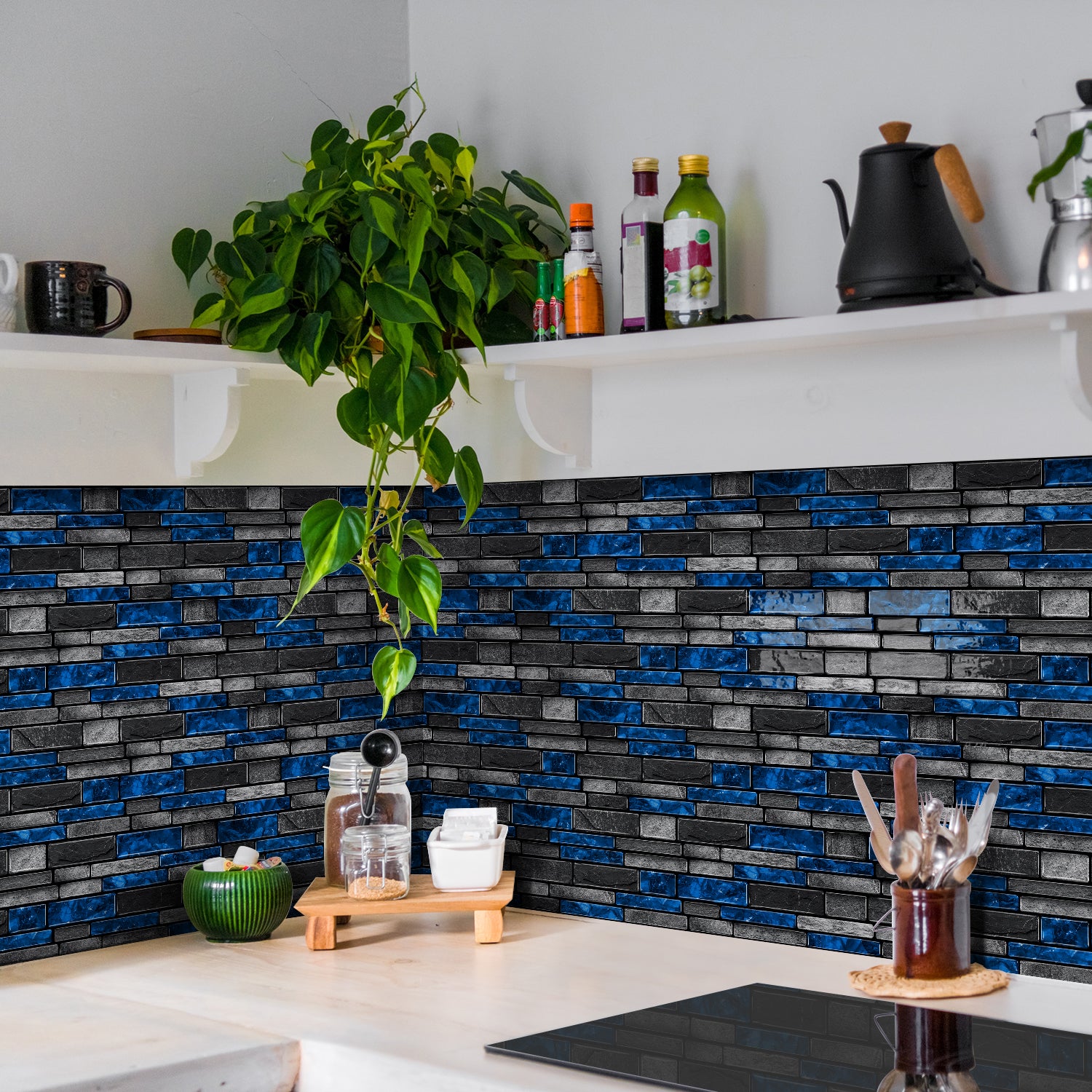 Midnight Blue Slate Faux Stone Gel Tiles - 3D Peel and Stick Splashback