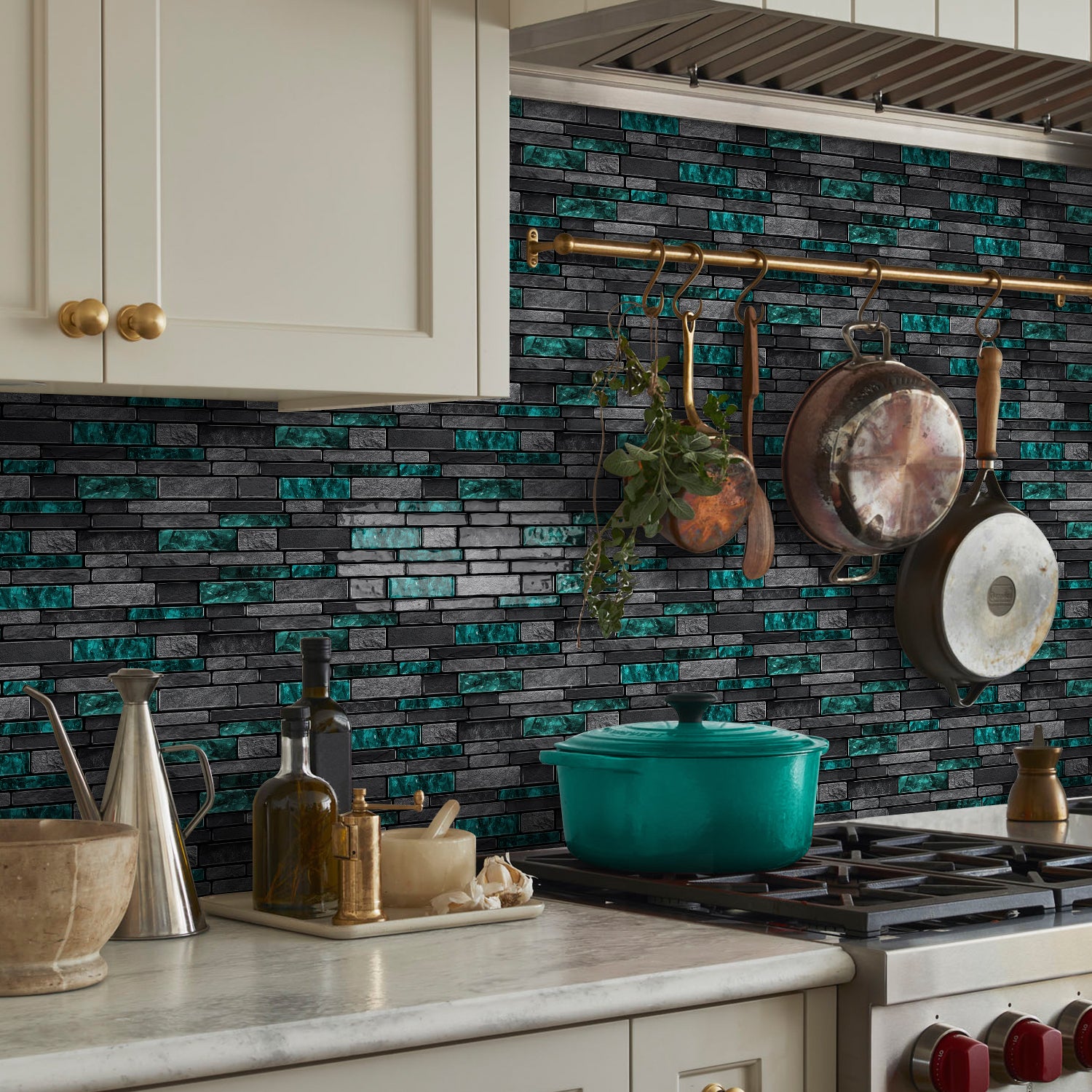 Emerald Green Slate Faux Stone Gel Tiles - 3D Peel and Stick Splashback