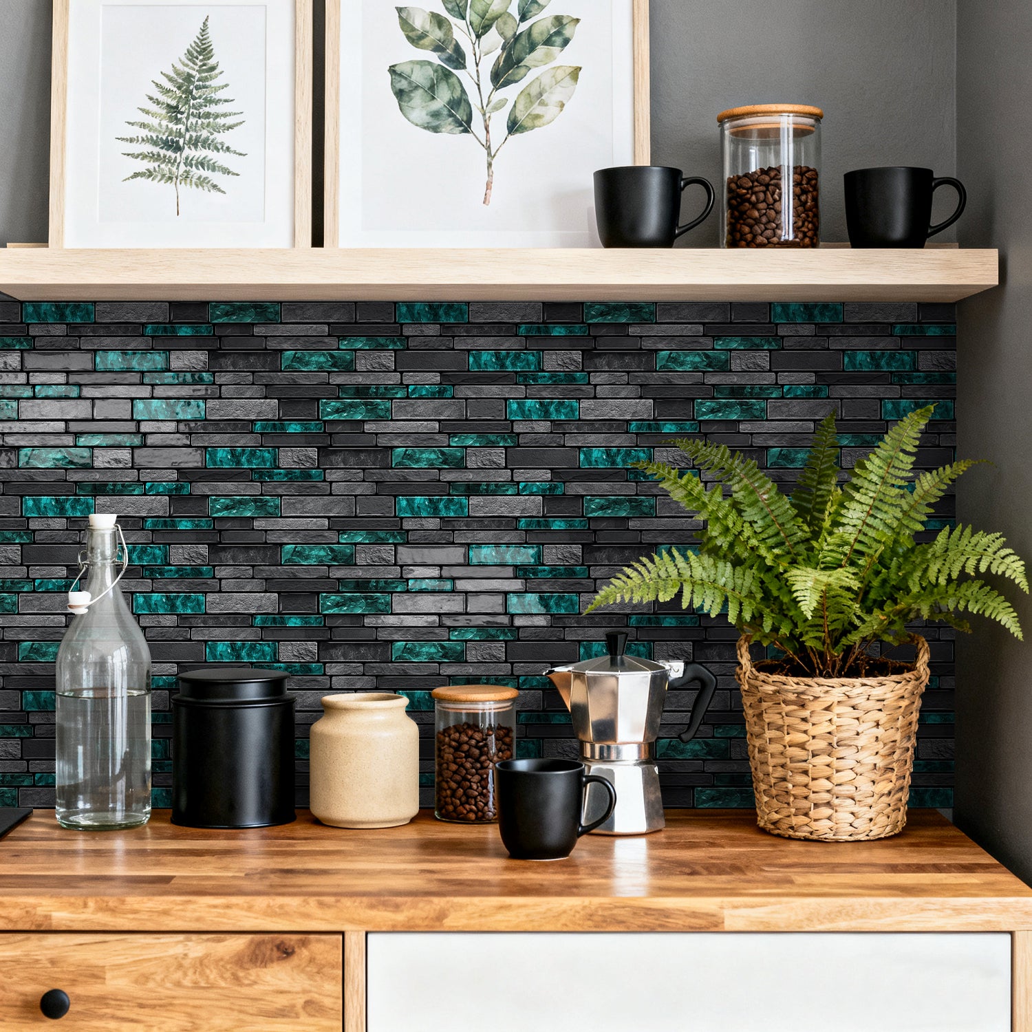 Emerald Green Slate Faux Stone Gel Tiles - 3D Peel and Stick Splashback