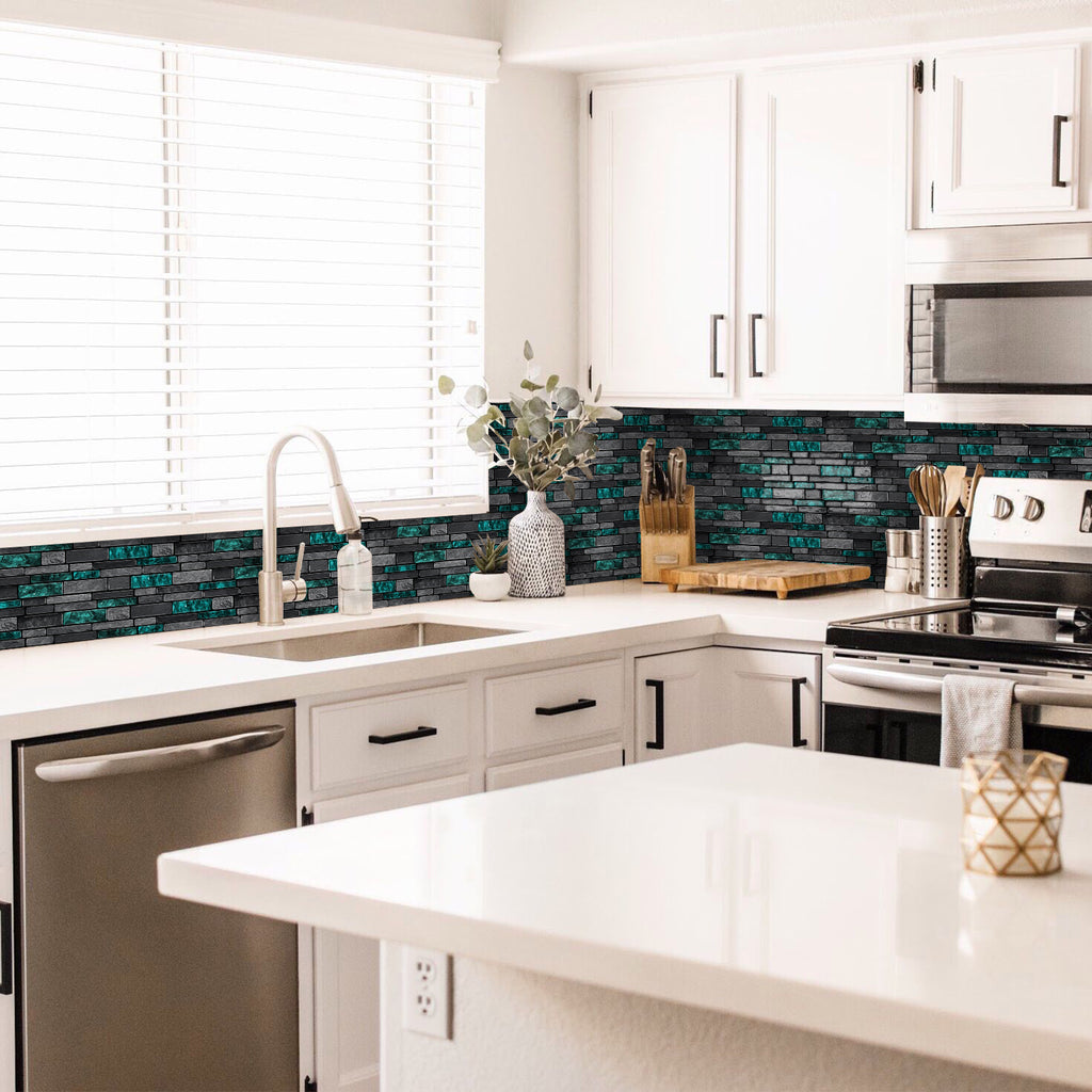 Emerald Green Slate Faux Stone Gel Tiles - 3D Peel and Stick Splashback