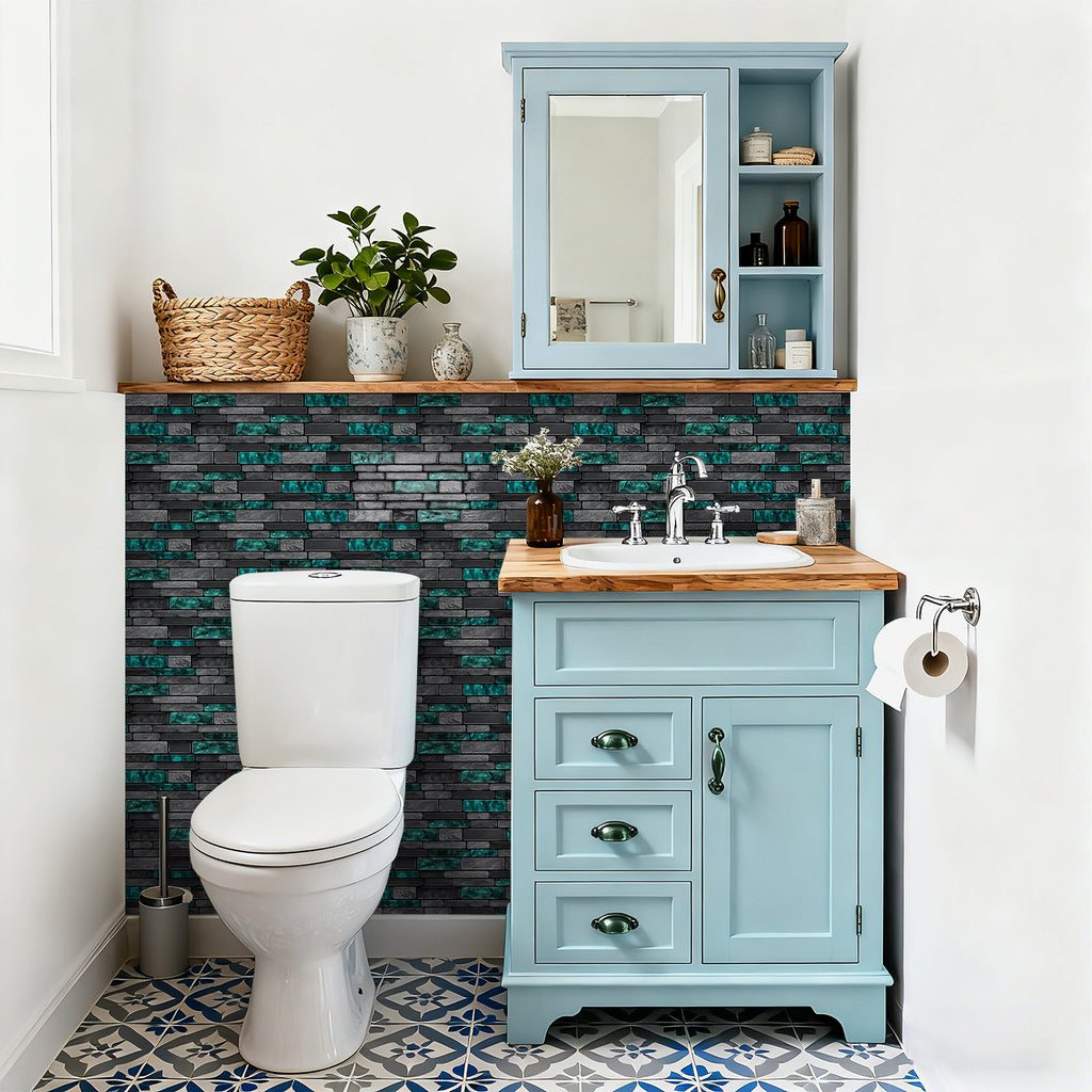 Emerald Green Slate Faux Stone Gel Tiles - 3D Peel and Stick Splashback