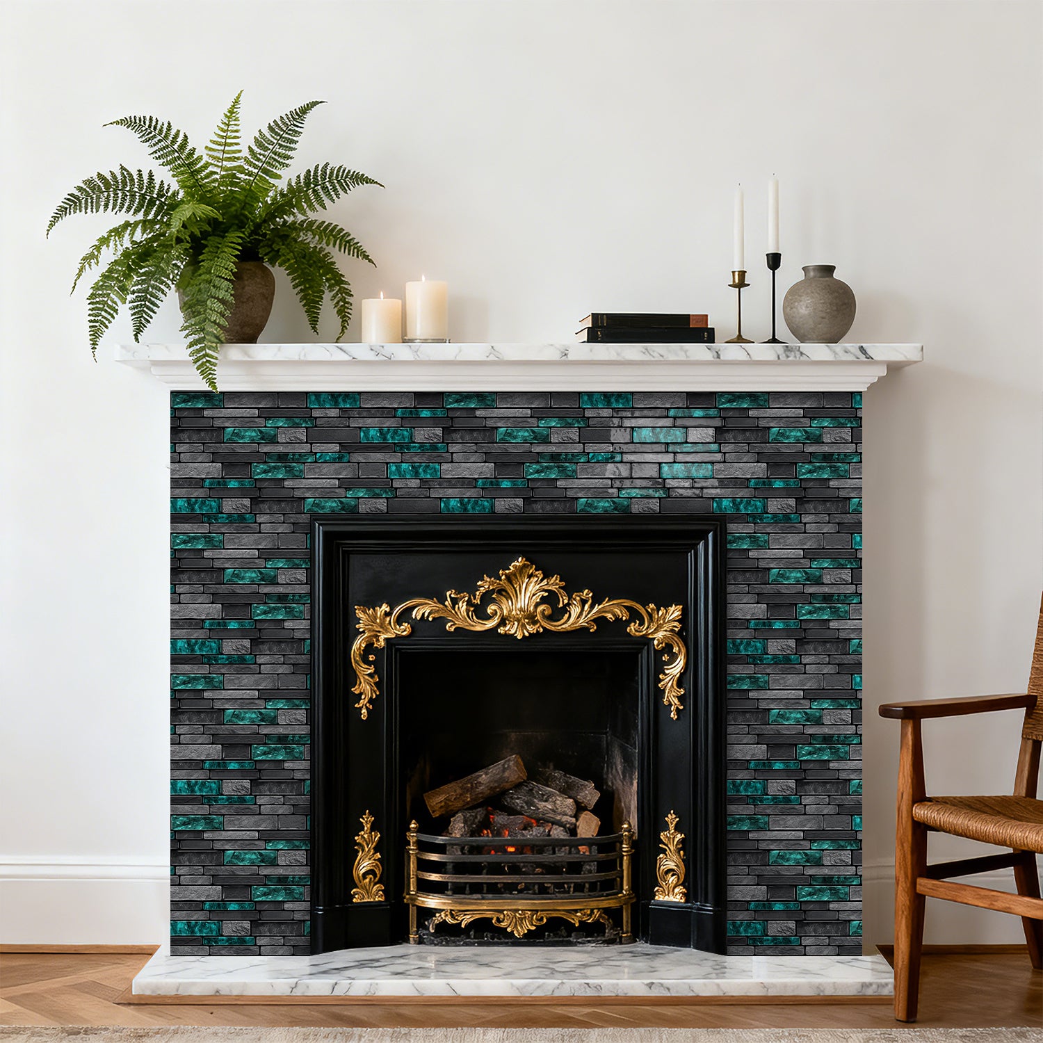 Emerald Green Slate Faux Stone Gel Tiles - 3D Peel and Stick Splashback