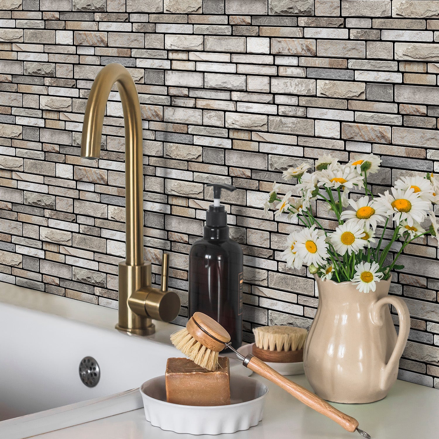 Natural Limestone Faux Stone Gel Tiles - 3D Peel and Stick Splashback