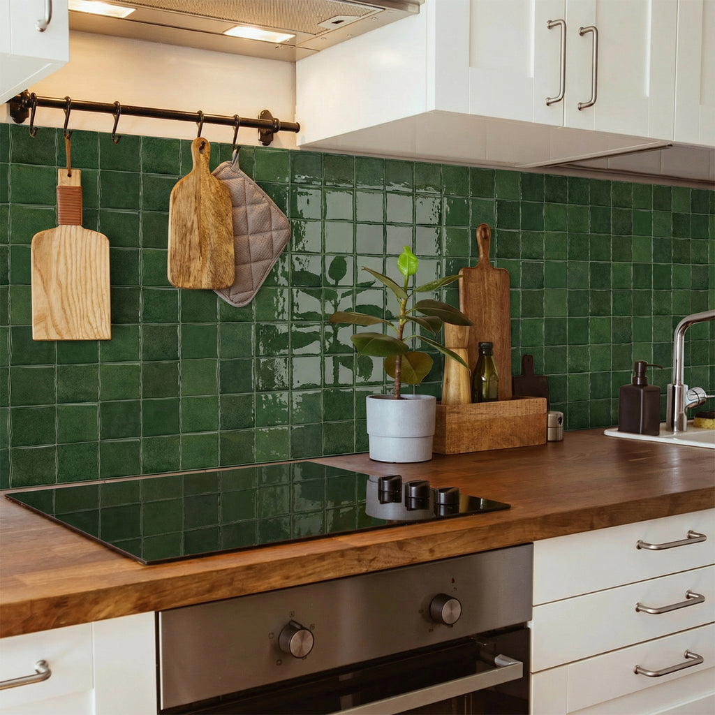 Vintage Green Square Grid Mosaic Tiles - 3D Gel Peel and Stick Splashback