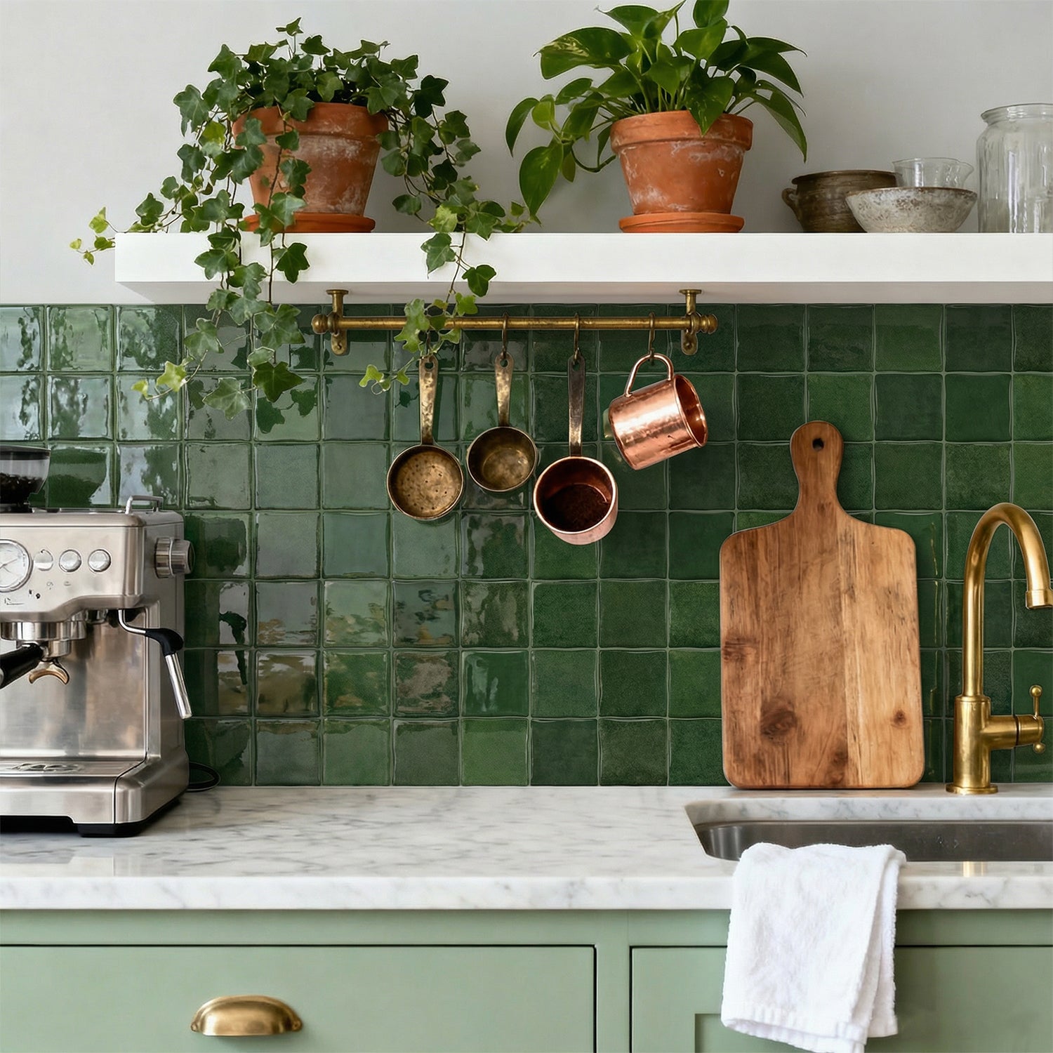 Vintage Green Square Grid Mosaic Tiles - 3D Gel Peel and Stick Splashback