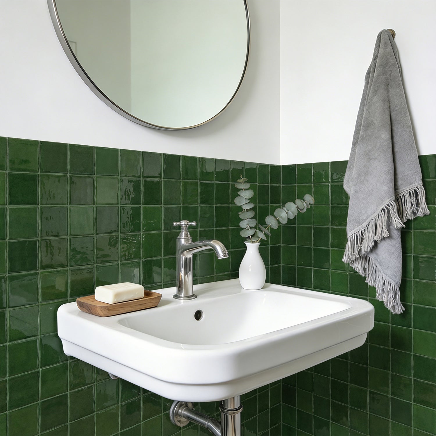 Vintage Green Square Grid Mosaic Tiles - 3D Gel Peel and Stick Splashback