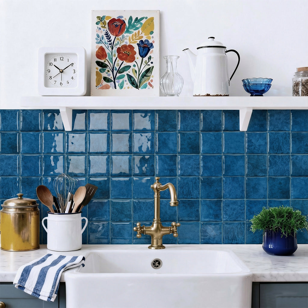 Cobalt Blue Square Grid Mosaic Tiles - 3D Gel Peel and Stick Splashback