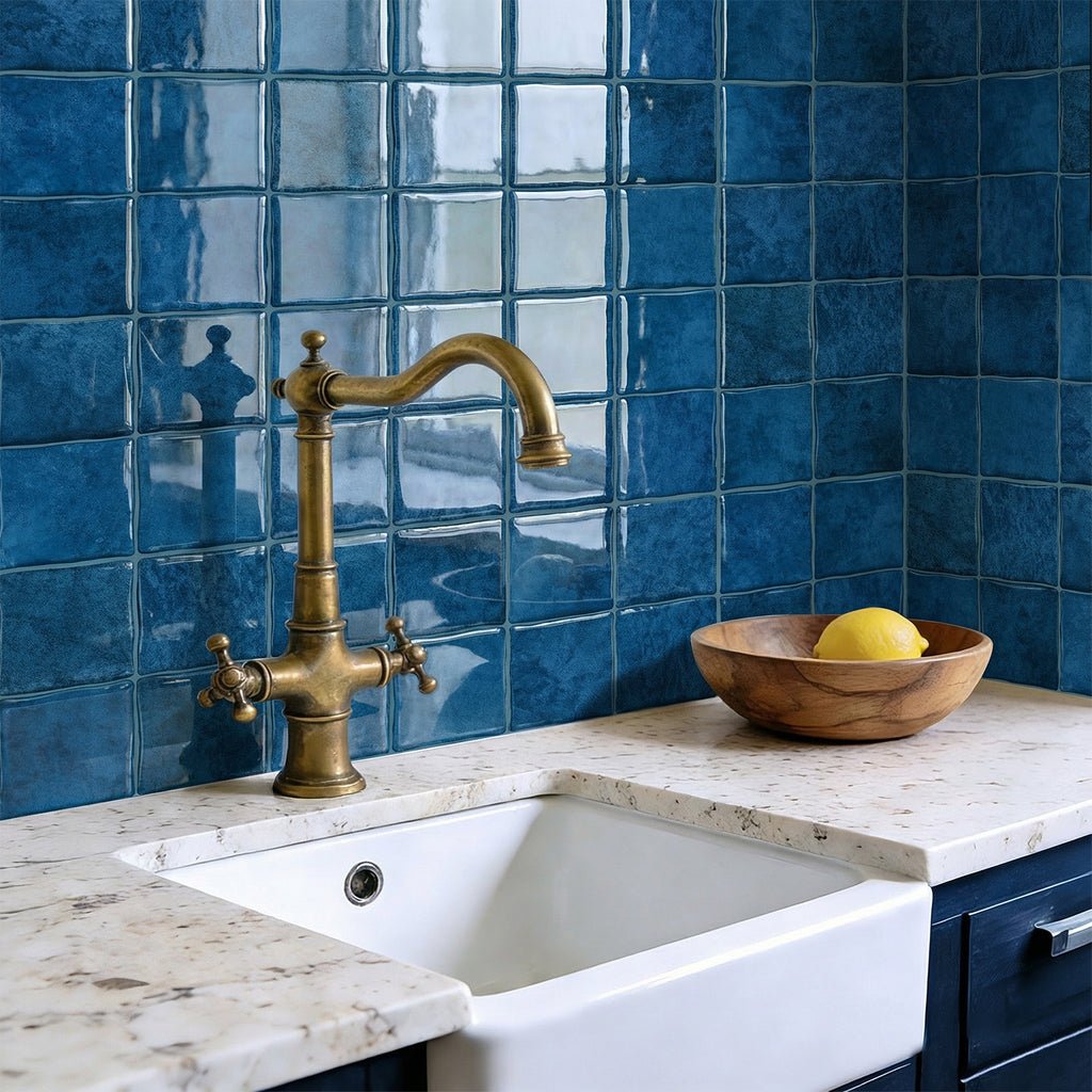 Cobalt Blue Square Grid Mosaic Tiles - 3D Gel Peel and Stick Splashback
