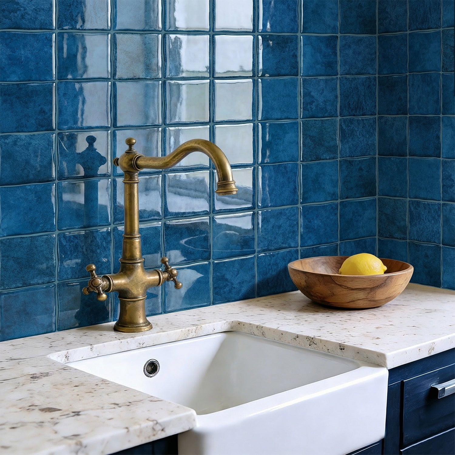 Cobalt Blue Square Grid Mosaic Tiles - 3D Gel Peel and Stick Splashback
