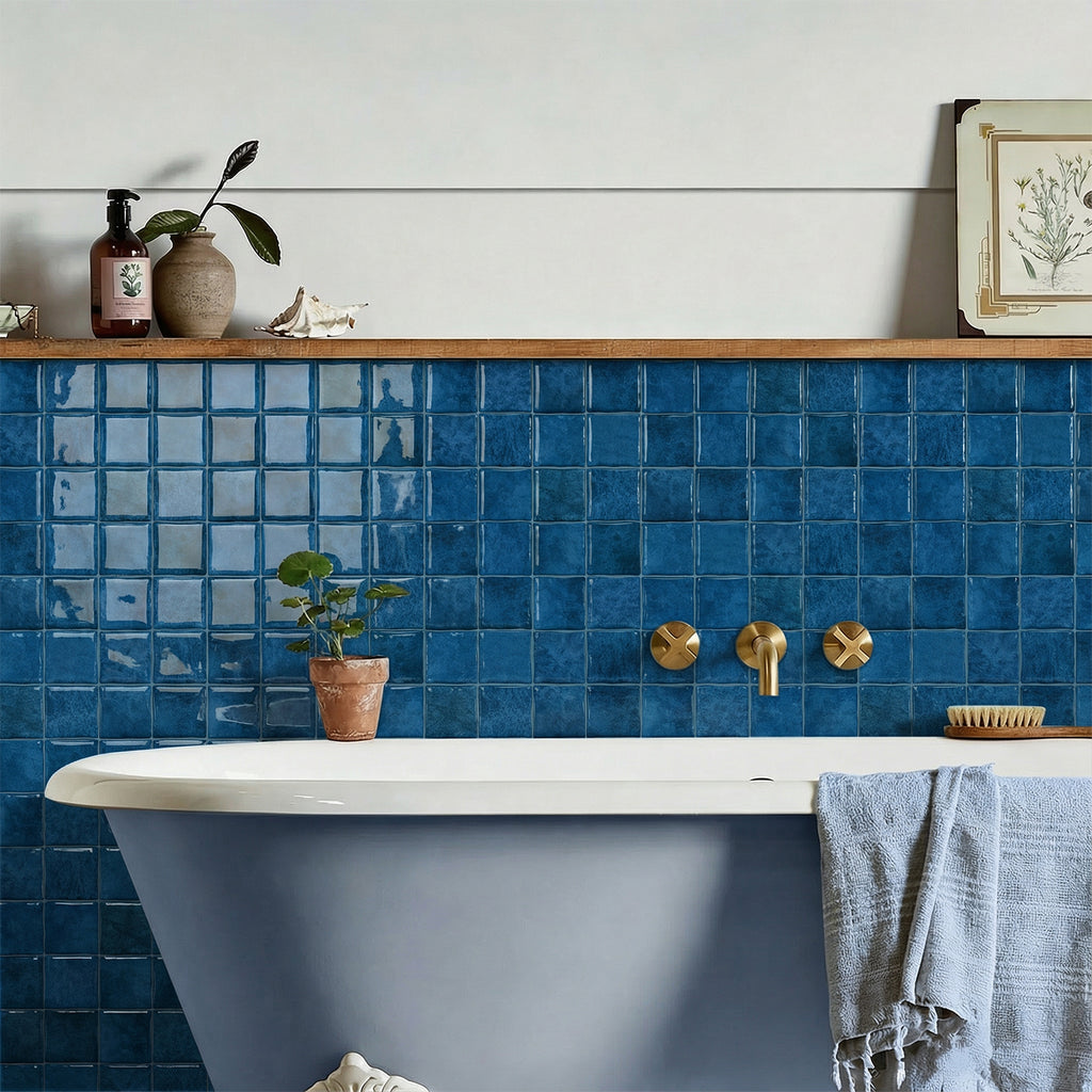 Cobalt Blue Square Grid Mosaic Tiles - 3D Gel Peel and Stick Splashback