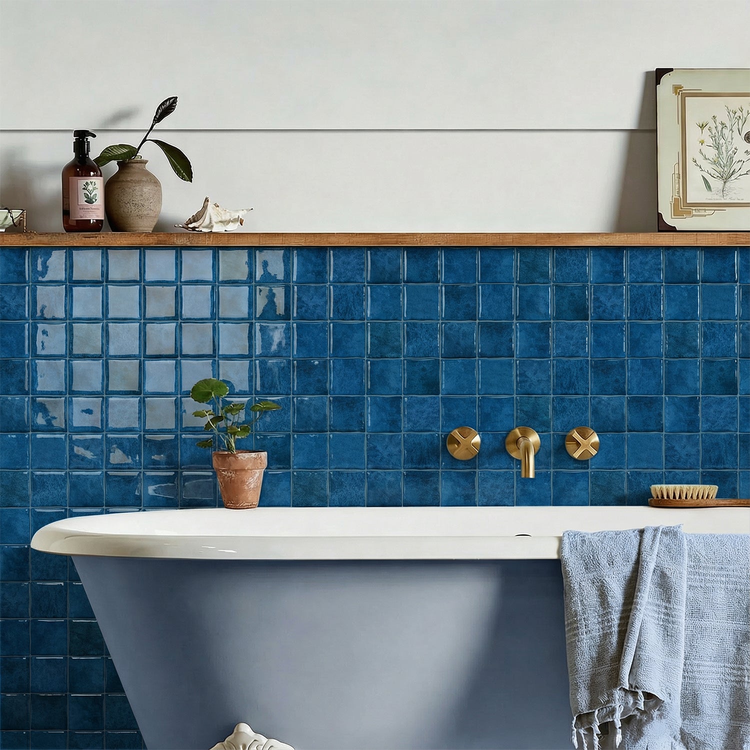 Cobalt Blue Square Grid Mosaic Tiles - 3D Gel Peel and Stick Splashback