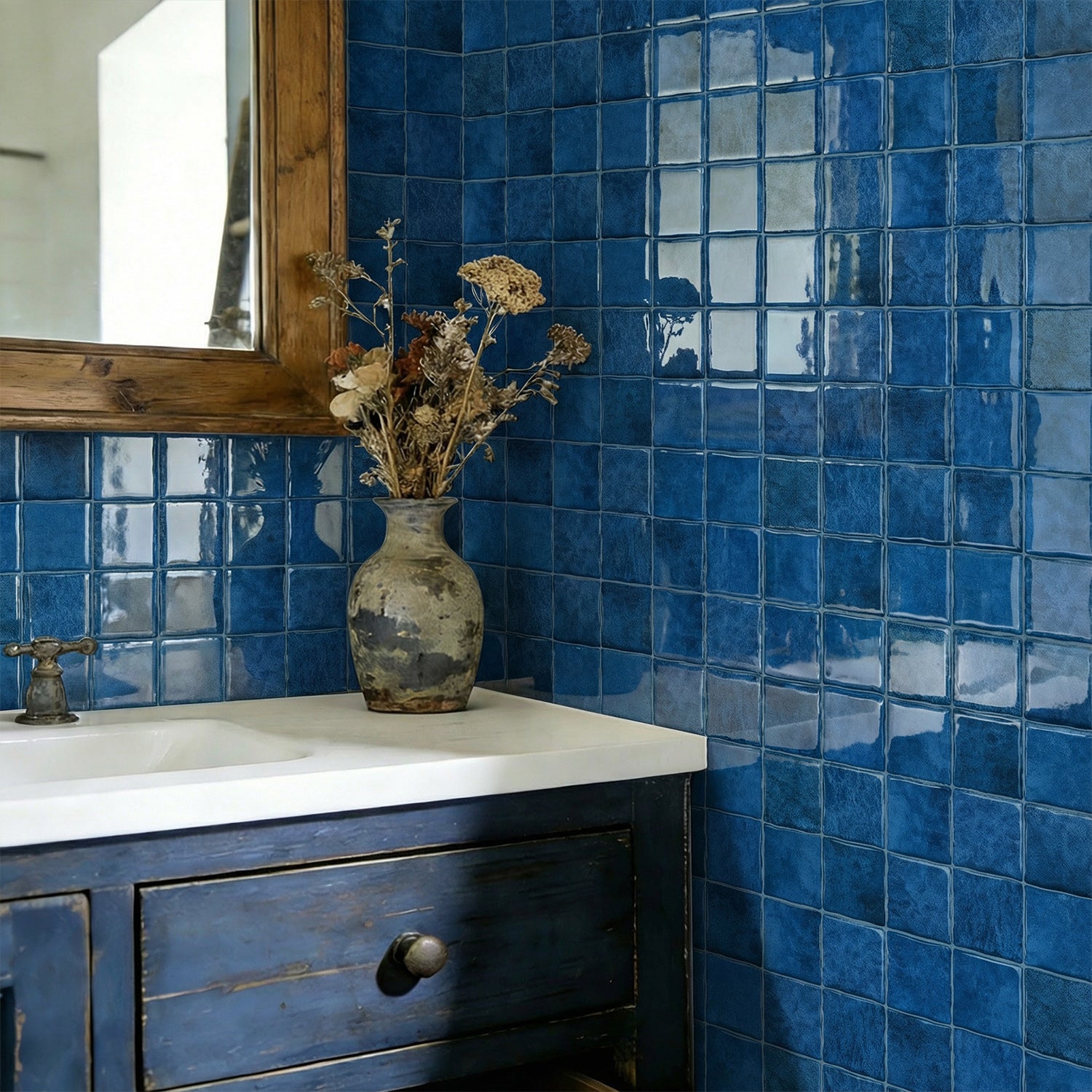 Cobalt Blue Square Grid Mosaic Tiles - 3D Gel Peel and Stick Splashback