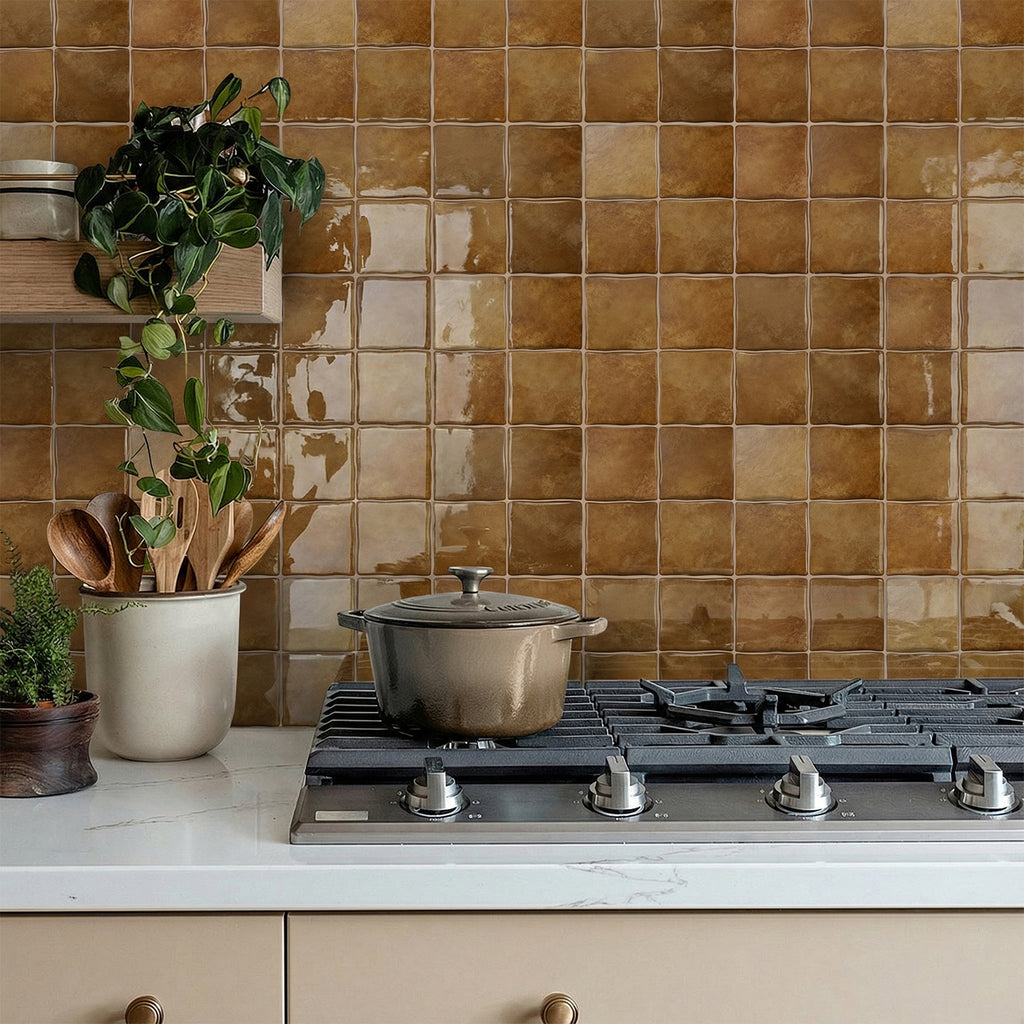 Amber Brown Square Grid Mosaic Tiles - 3D Gel Peel and Stick Splashback