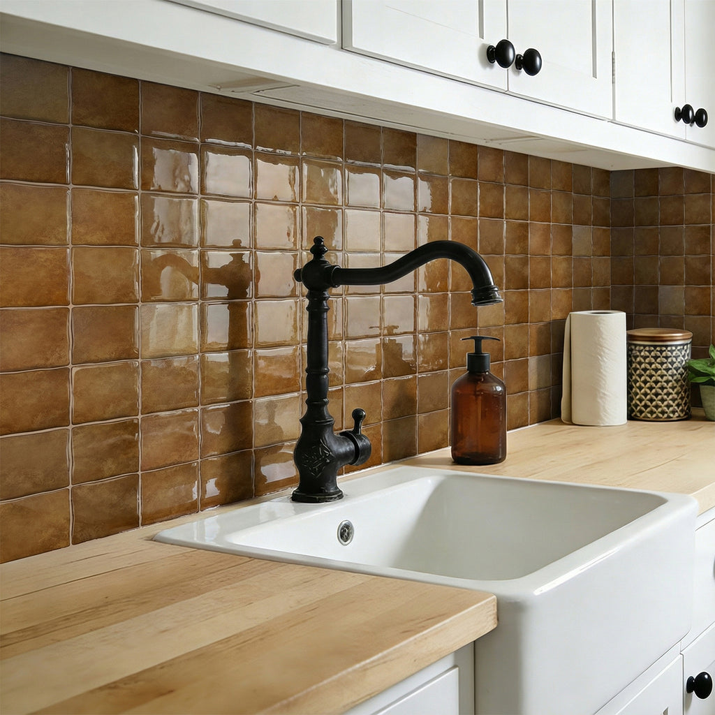 Amber Brown Square Grid Mosaic Tiles - 3D Gel Peel and Stick Splashback