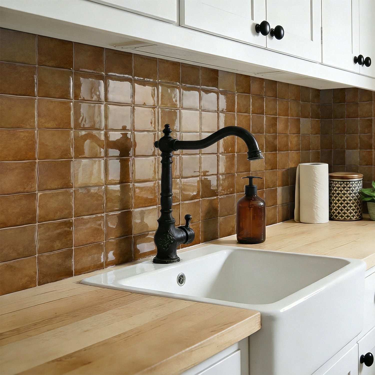 Amber Brown Square Grid Mosaic Tiles - 3D Gel Peel and Stick Splashback