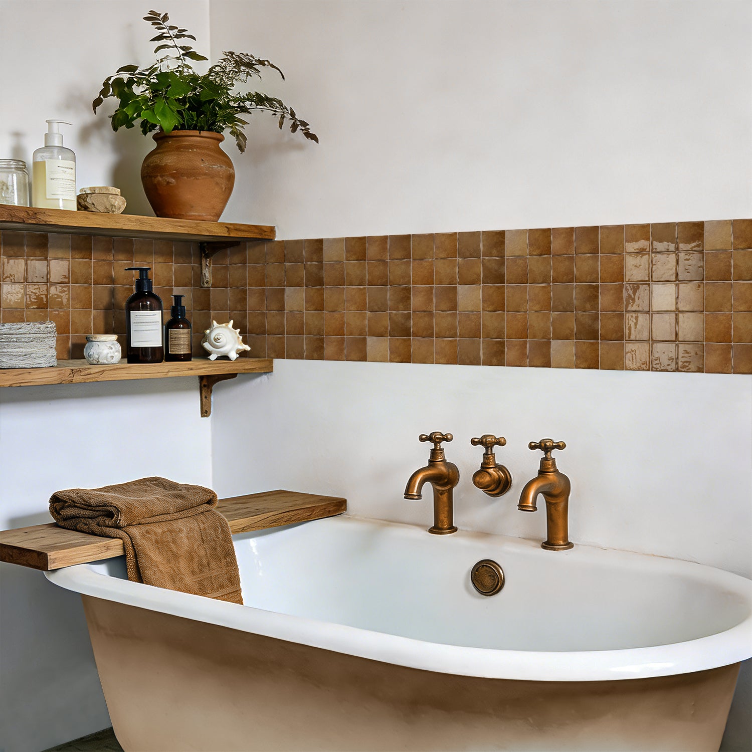 Amber Brown Square Grid Mosaic Tiles - 3D Gel Peel and Stick Splashback