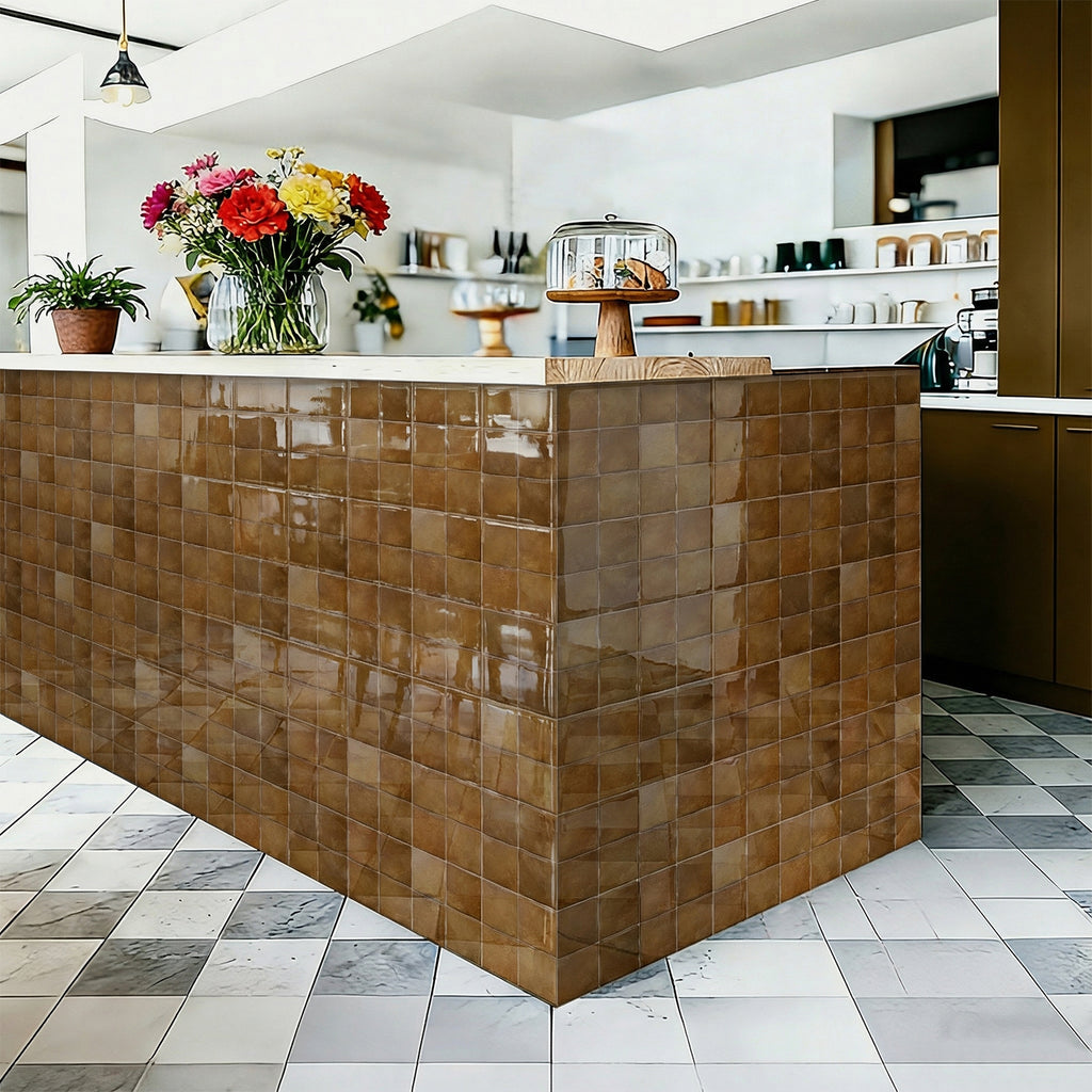 Amber Brown Square Grid Mosaic Tiles - 3D Gel Peel and Stick Splashback