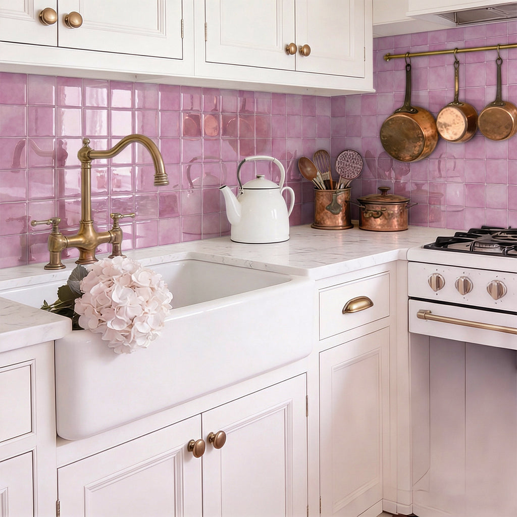 Rose Pink Square Grid Mosaic Tiles - 3D Gel Peel and Stick Splashback