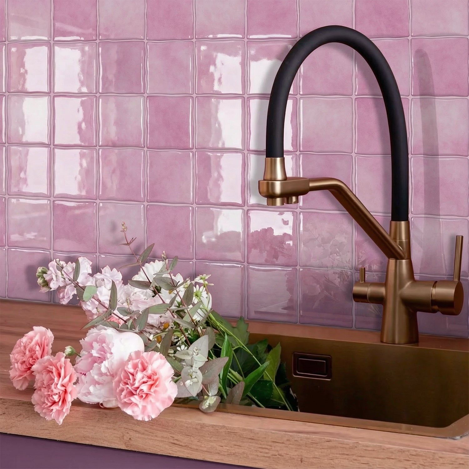 Rose Pink Square Grid Mosaic Tiles - 3D Gel Peel and Stick Splashback