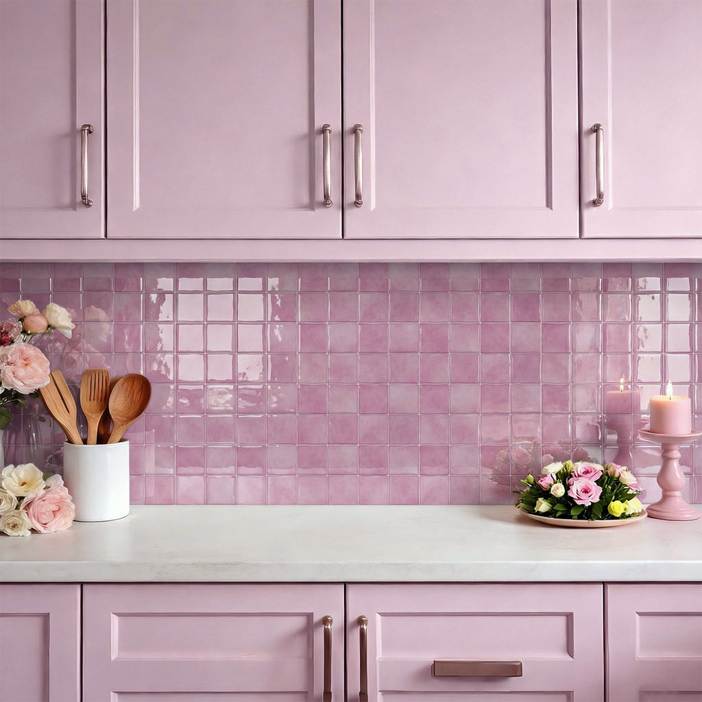 Rose Pink Square Grid Mosaic Tiles - 3D Gel Peel and Stick Splashback