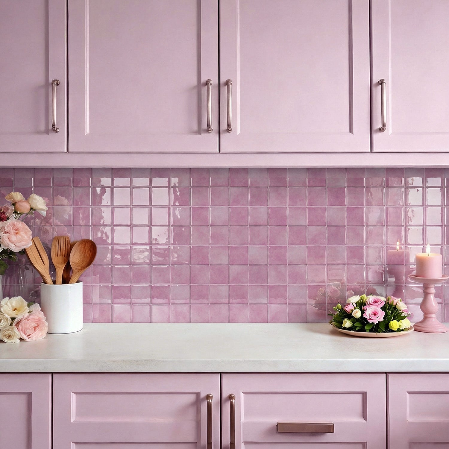 Rose Pink Square Grid Mosaic Tiles - 3D Gel Peel and Stick Splashback