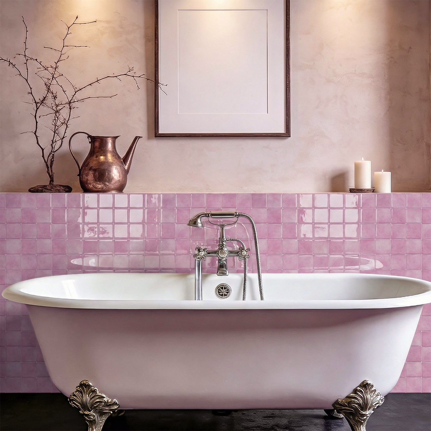 Rose Pink Square Grid Mosaic Tiles - 3D Gel Peel and Stick Splashback