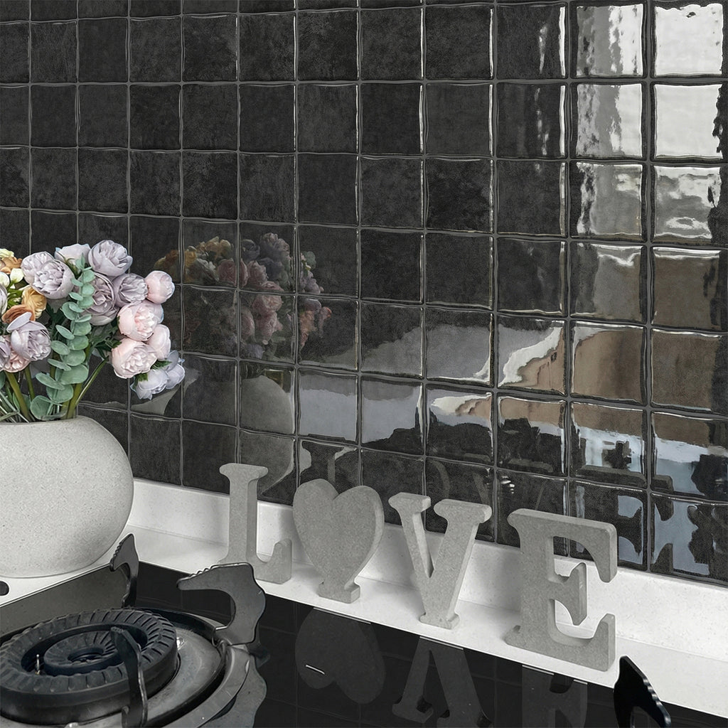 Midnight Black Square Grid Mosaic Tiles - 3D Gel Peel and Stick Splashback