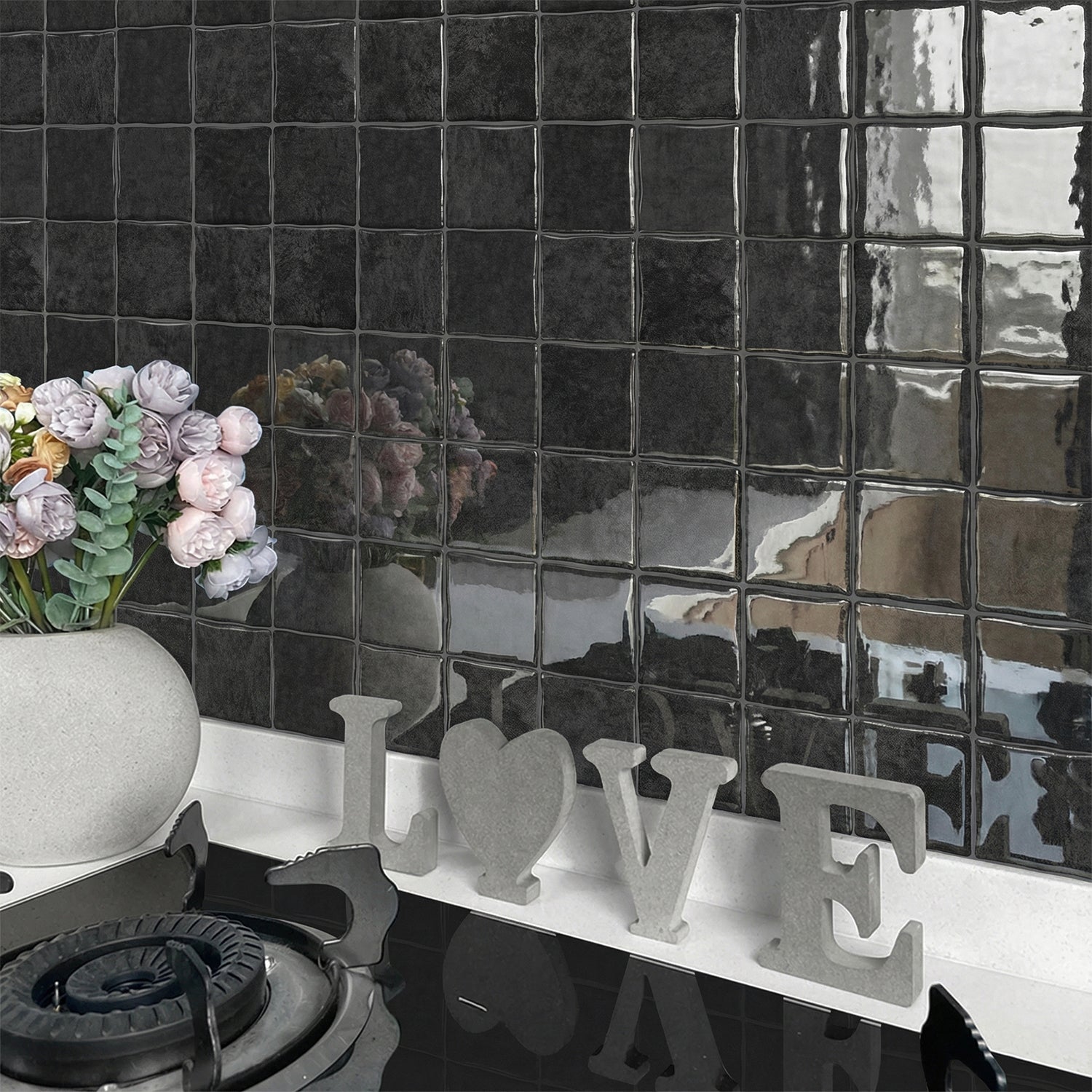 Midnight Black Square Grid Mosaic Tiles - 3D Gel Peel and Stick Splashback