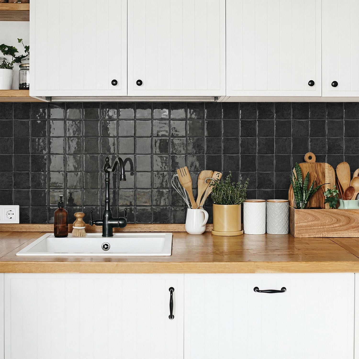 Midnight Black Square Grid Mosaic Tiles - 3D Gel Peel and Stick Splashback