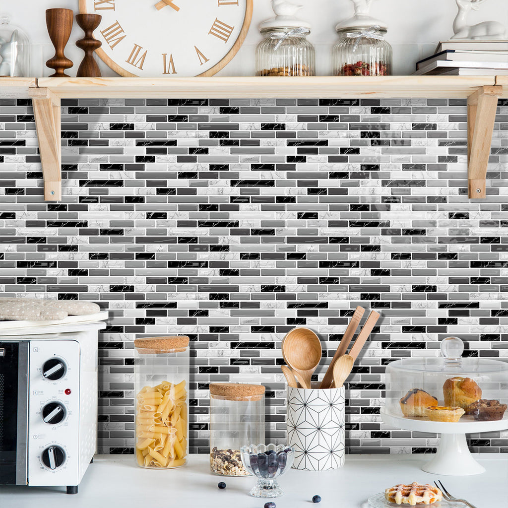 Linear Strip Mosaic Tiles - Black & White Mix - 3D Textured Gel Stickers for Bathroom
