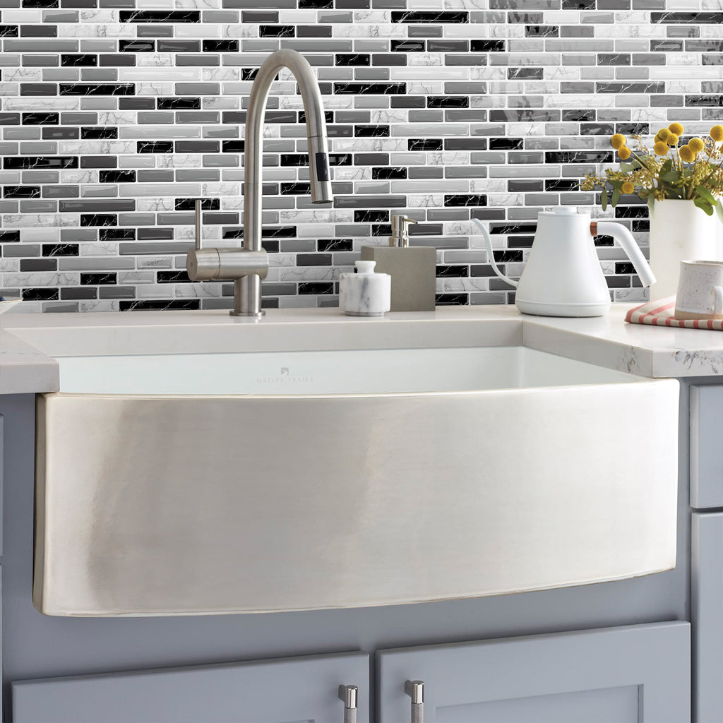 Linear Strip Mosaic Tiles - Black & White Mix - 3D Textured Gel Stickers for Bathroom