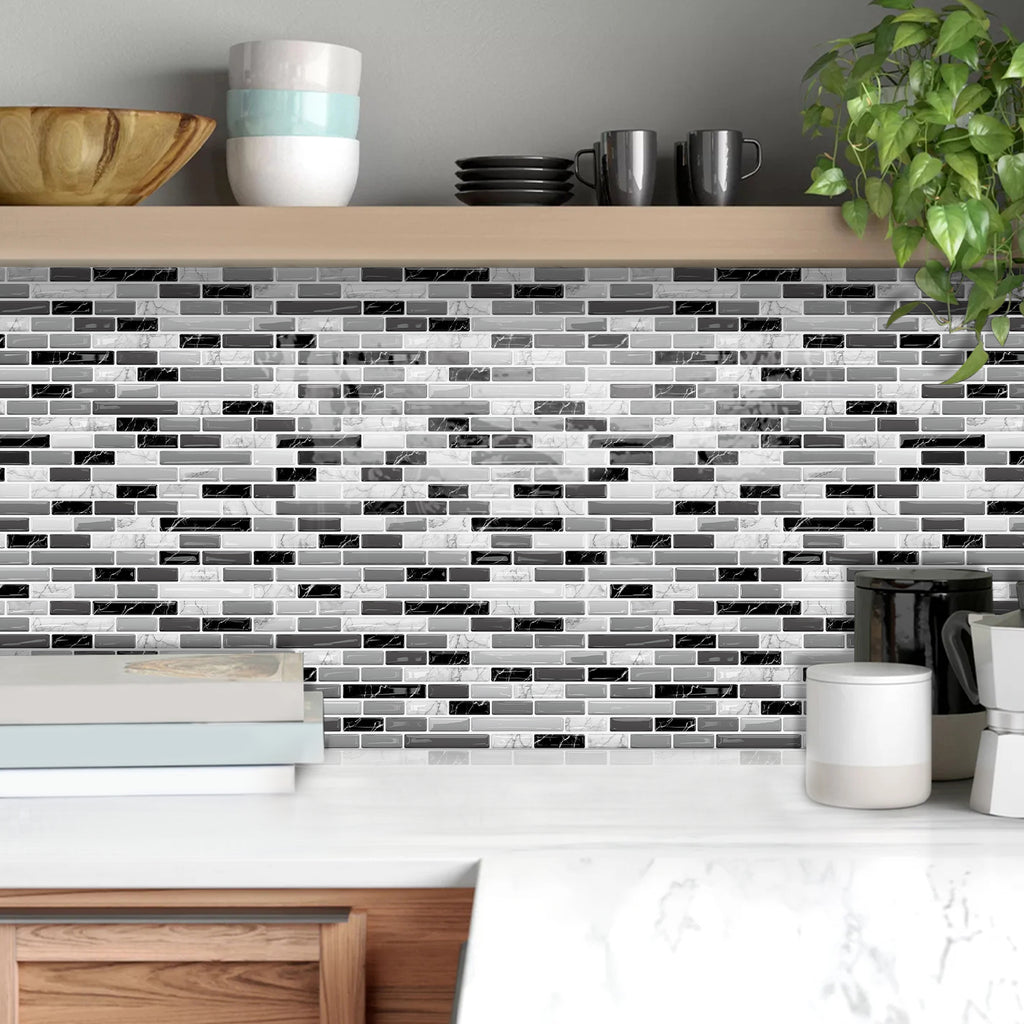Linear Strip Mosaic Tiles - Black & White Mix - 3D Textured Gel Stickers for Bathroom