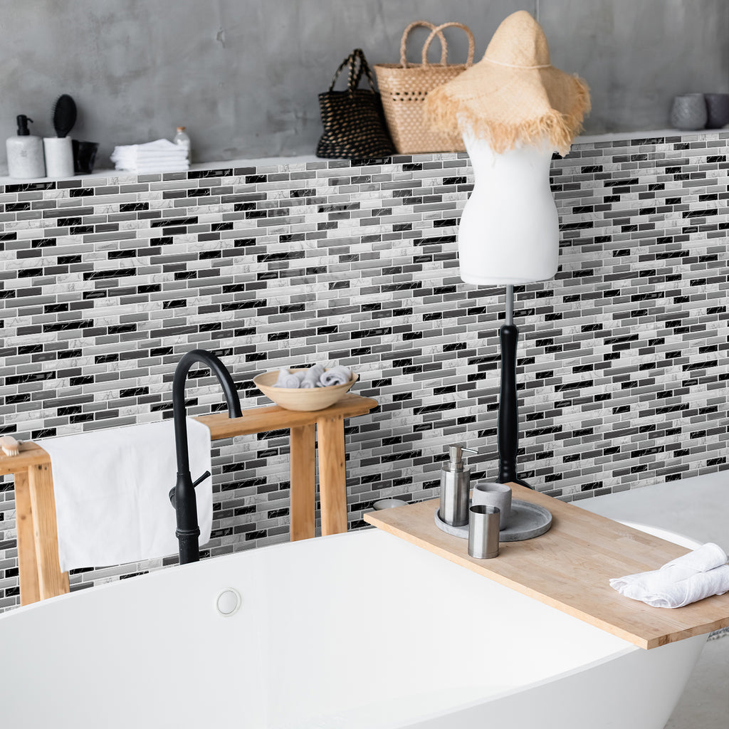 Linear Strip Mosaic Tiles - Black & White Mix - 3D Textured Gel Stickers for Bathroom