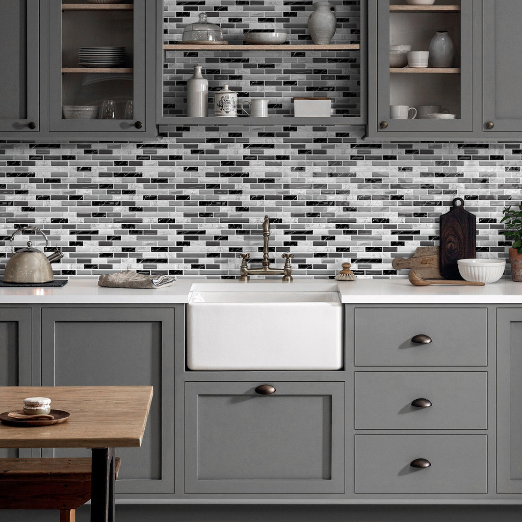 Linear Strip Mosaic Tiles - Black & White Mix - 3D Textured Gel Stickers for Bathroom