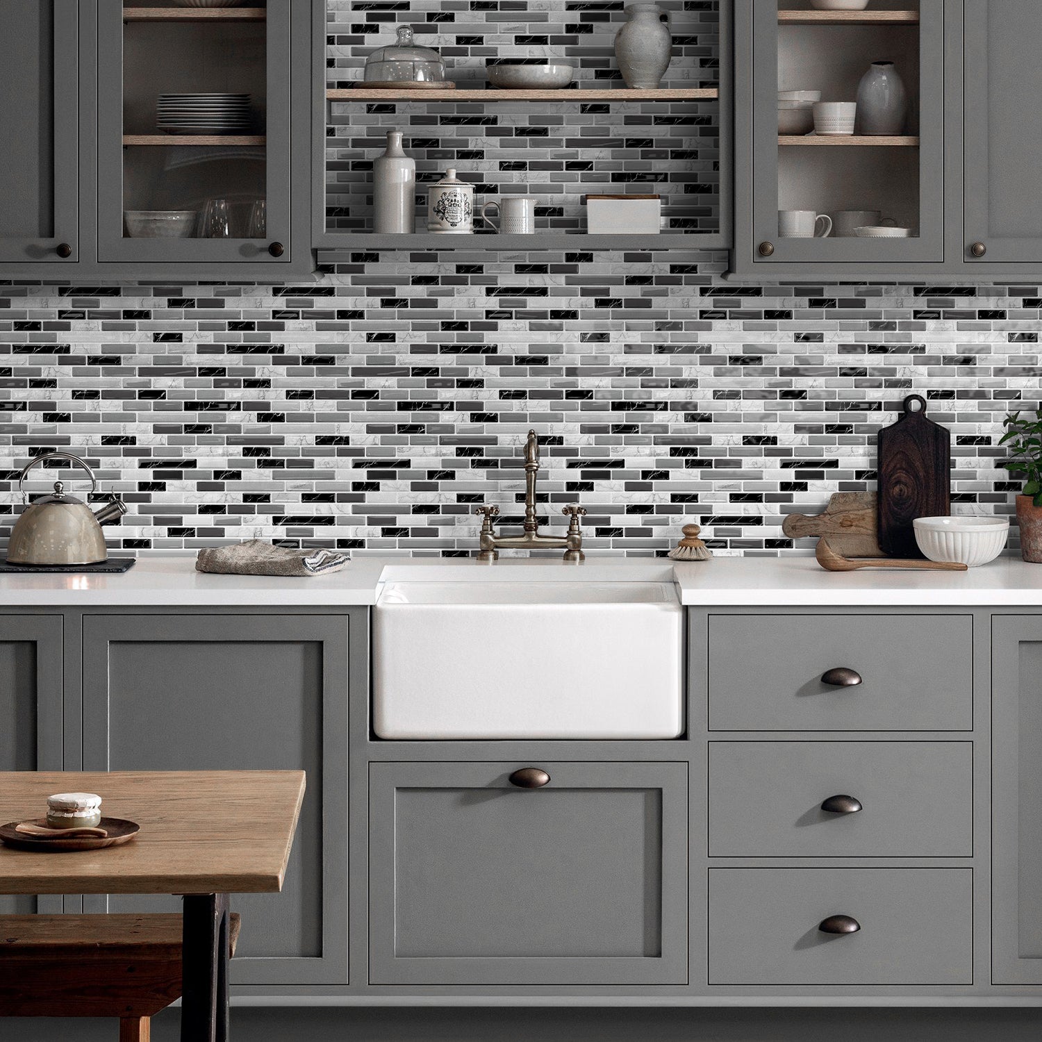 Linear Strip Mosaic Tiles - Black & White Mix - 3D Textured Gel Stickers for Bathroom